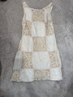 Boho Crochet Panel Mini Dress in Cream